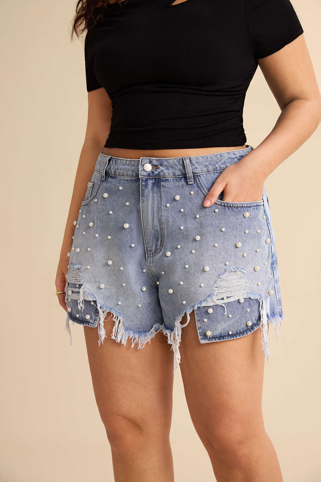 Plus Size High Waist Beaded Denim Shorts