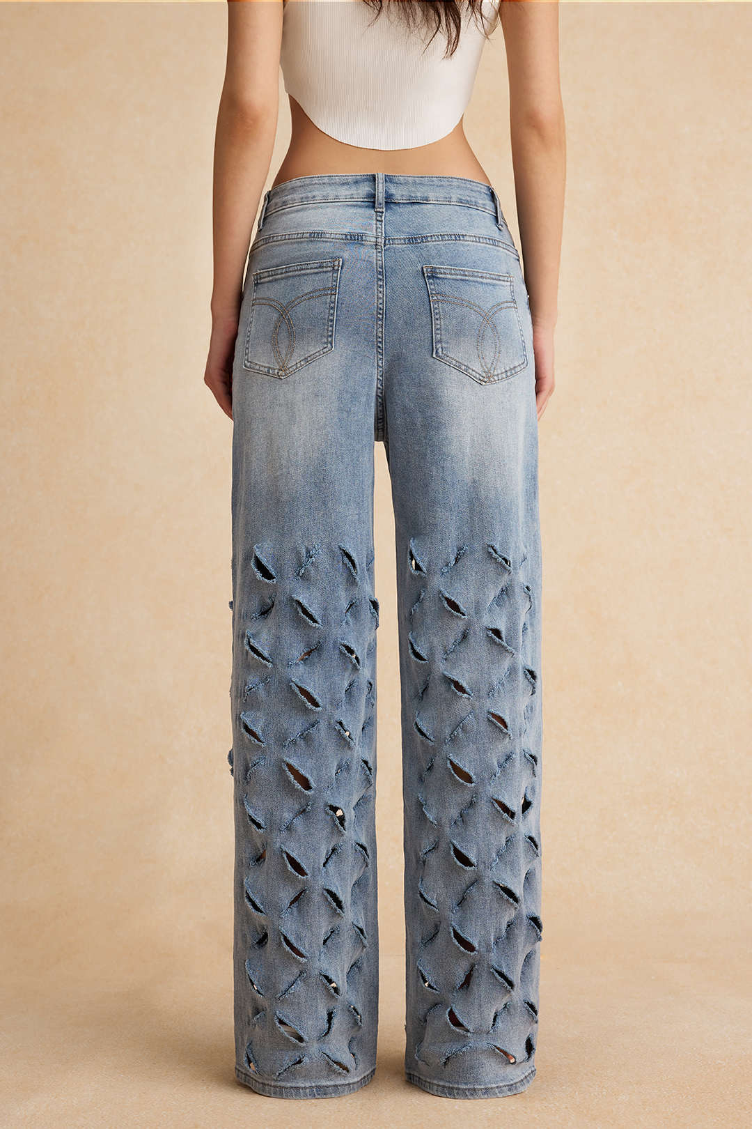 Ripped Cut-Out Button-Pocket Wide-Leg Jeans