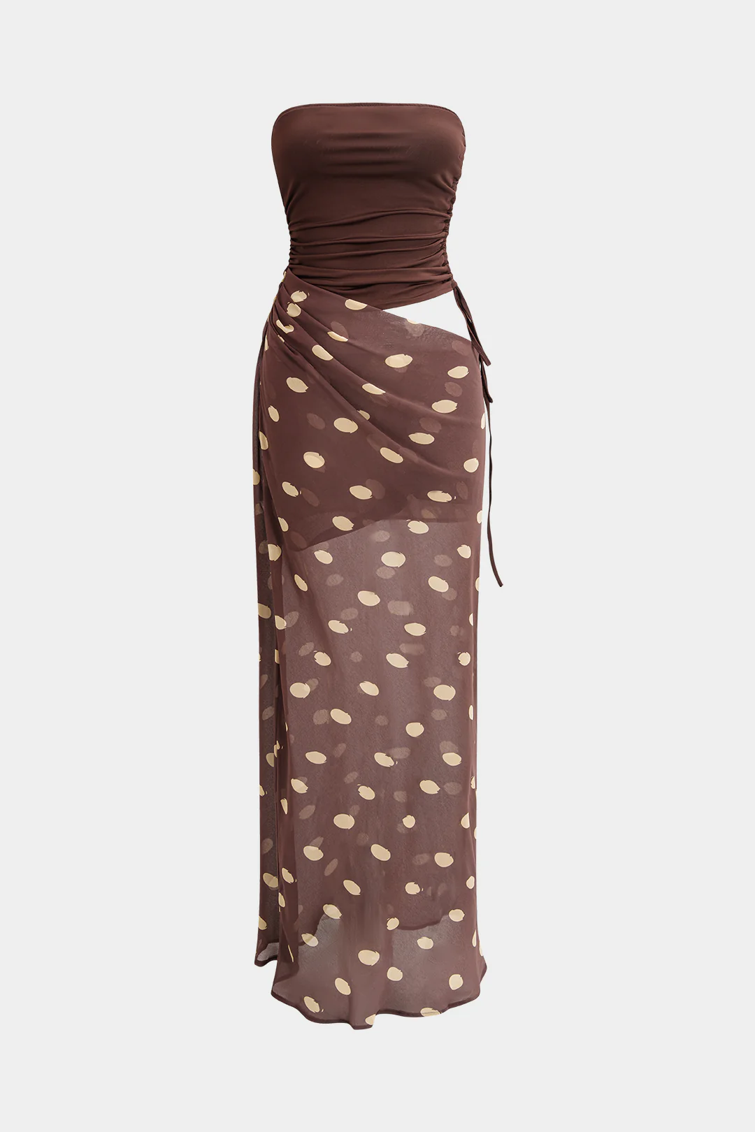 Polka Dot Print Chiffon Strapless Patchwork Ruched Drawstring Sleeveless Maxi Dress