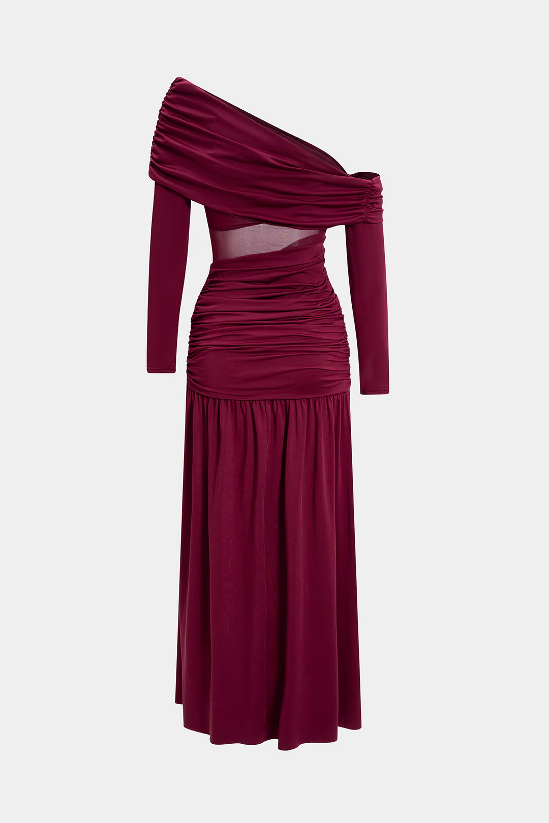 Mesh Patchwork Ruched Asymmetrical Shoulder Long Sleeve Maxi Dress