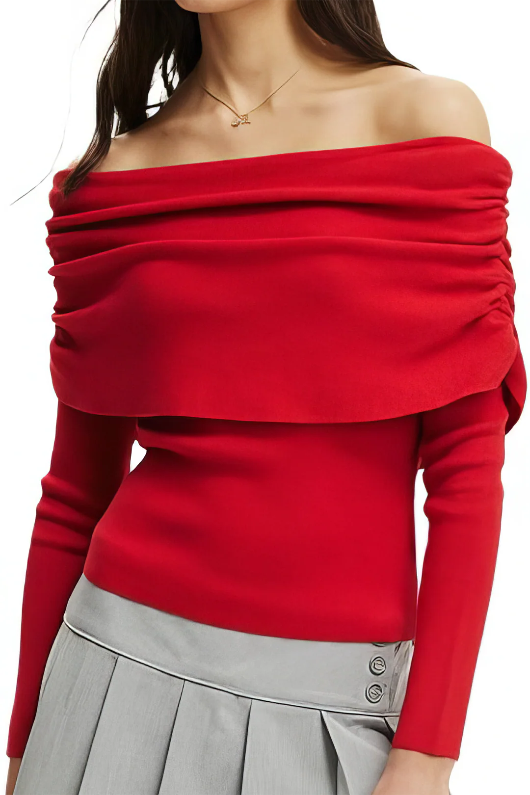 Knitted Ruched Off Shoulder Long-Sleeve Top