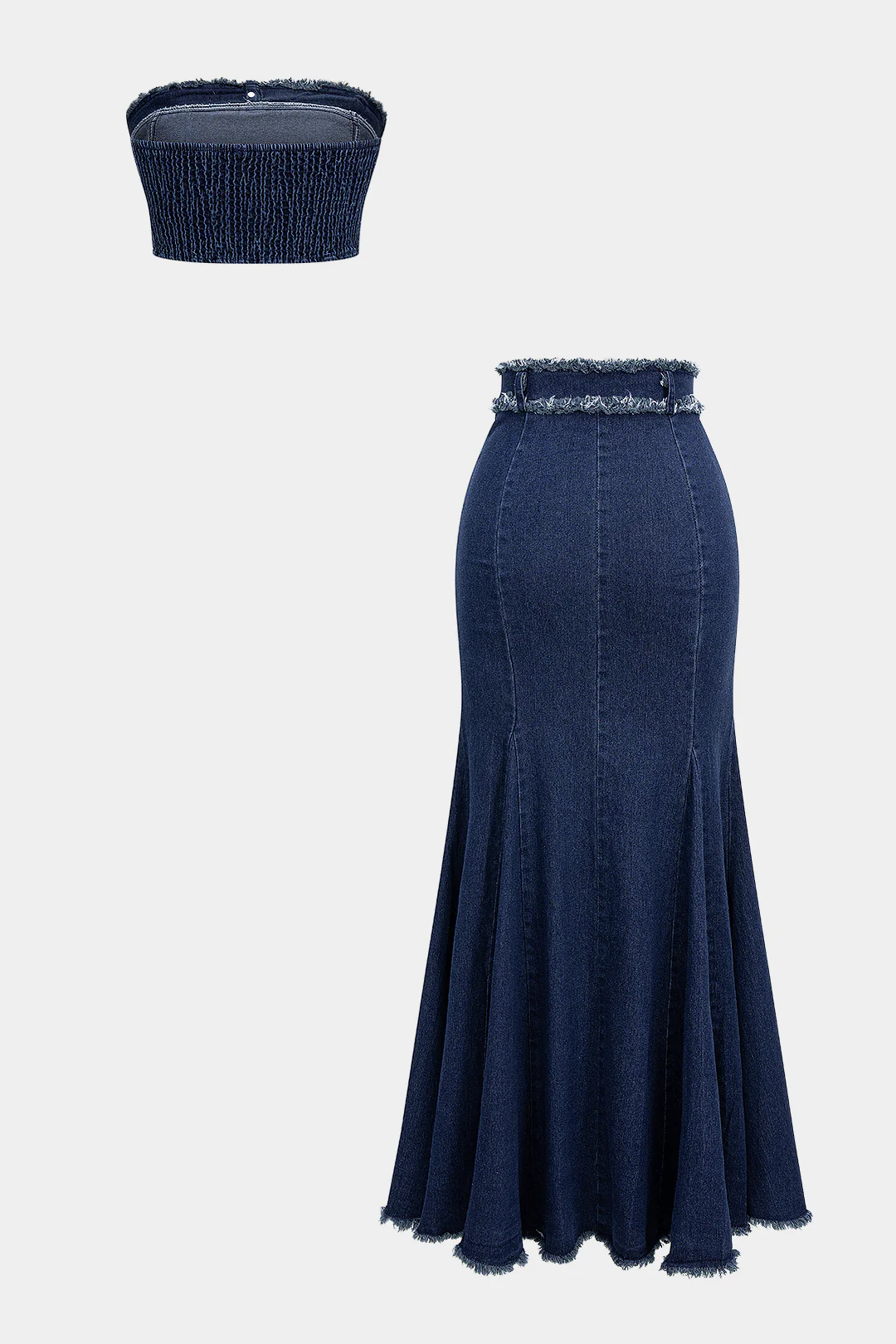 Denim Frayed Shirred Tube Top And High Waist Mermaid Skirt Set