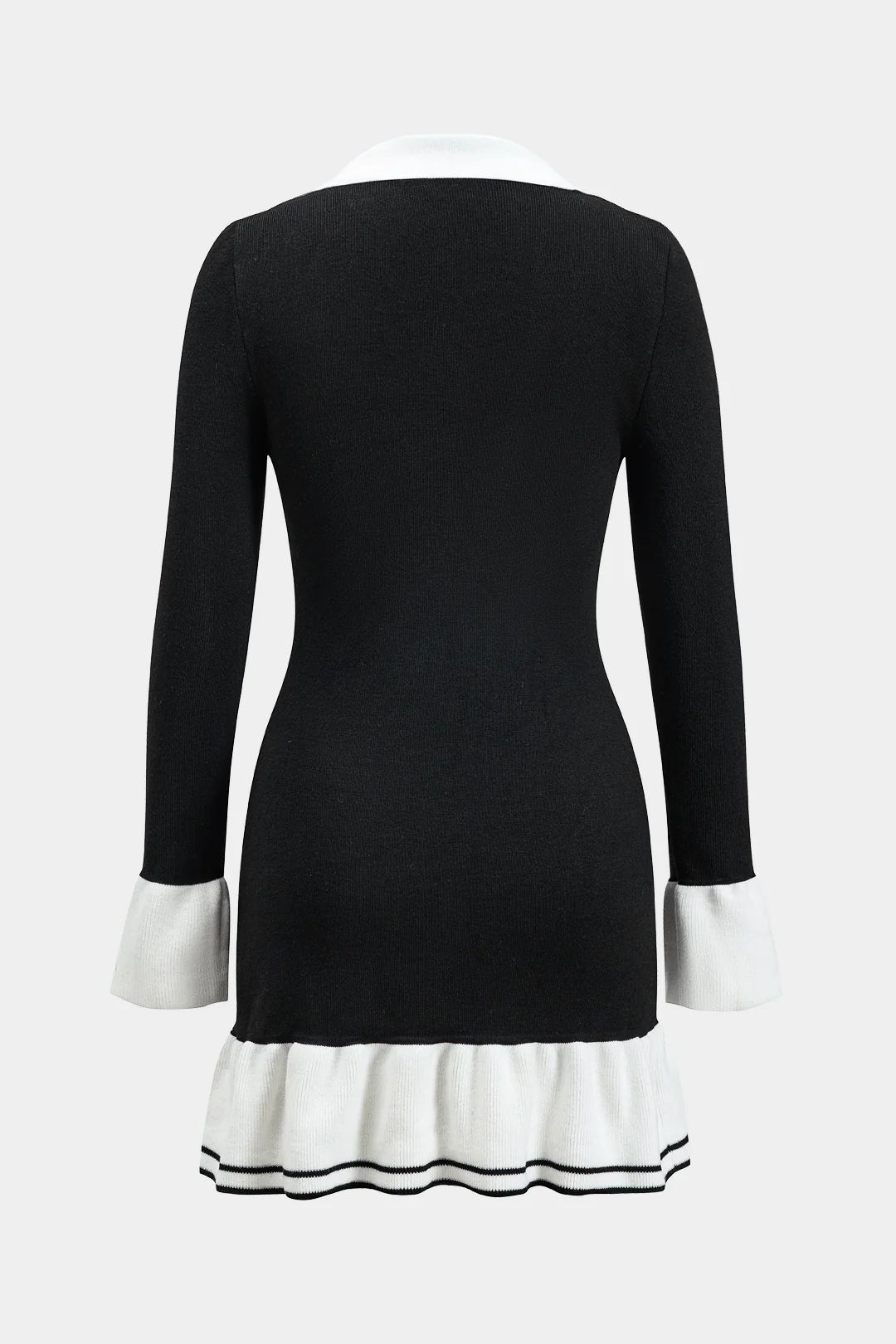 Contrasting Knit Ruffled Button Bell-Sleeve Dress