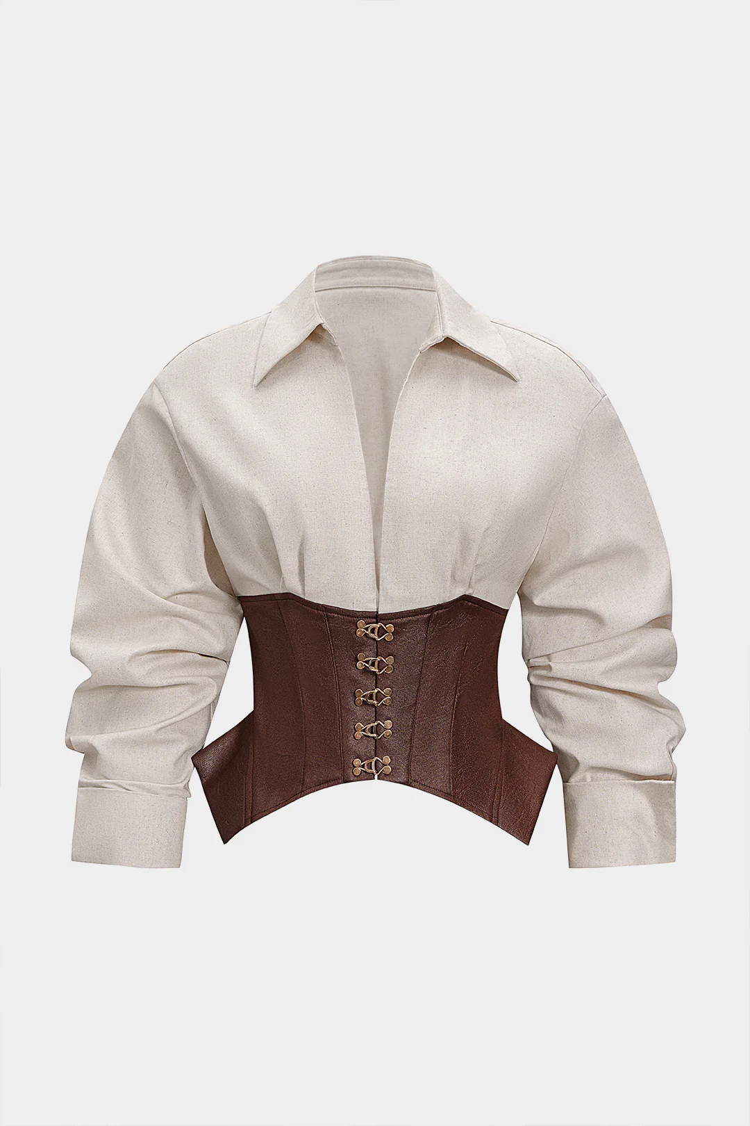 Faux Leather Linen Metallic Patchwork Ruched Long-Sleeve Shirt