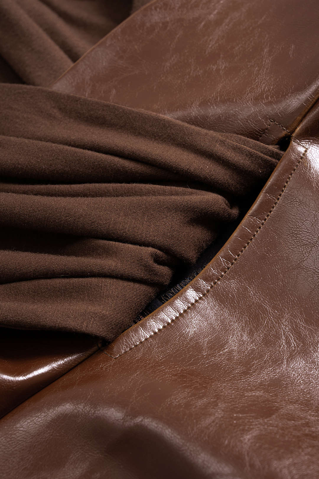 Faux Leather Patchwork Ruched Zipper Short Sleeve Blouse