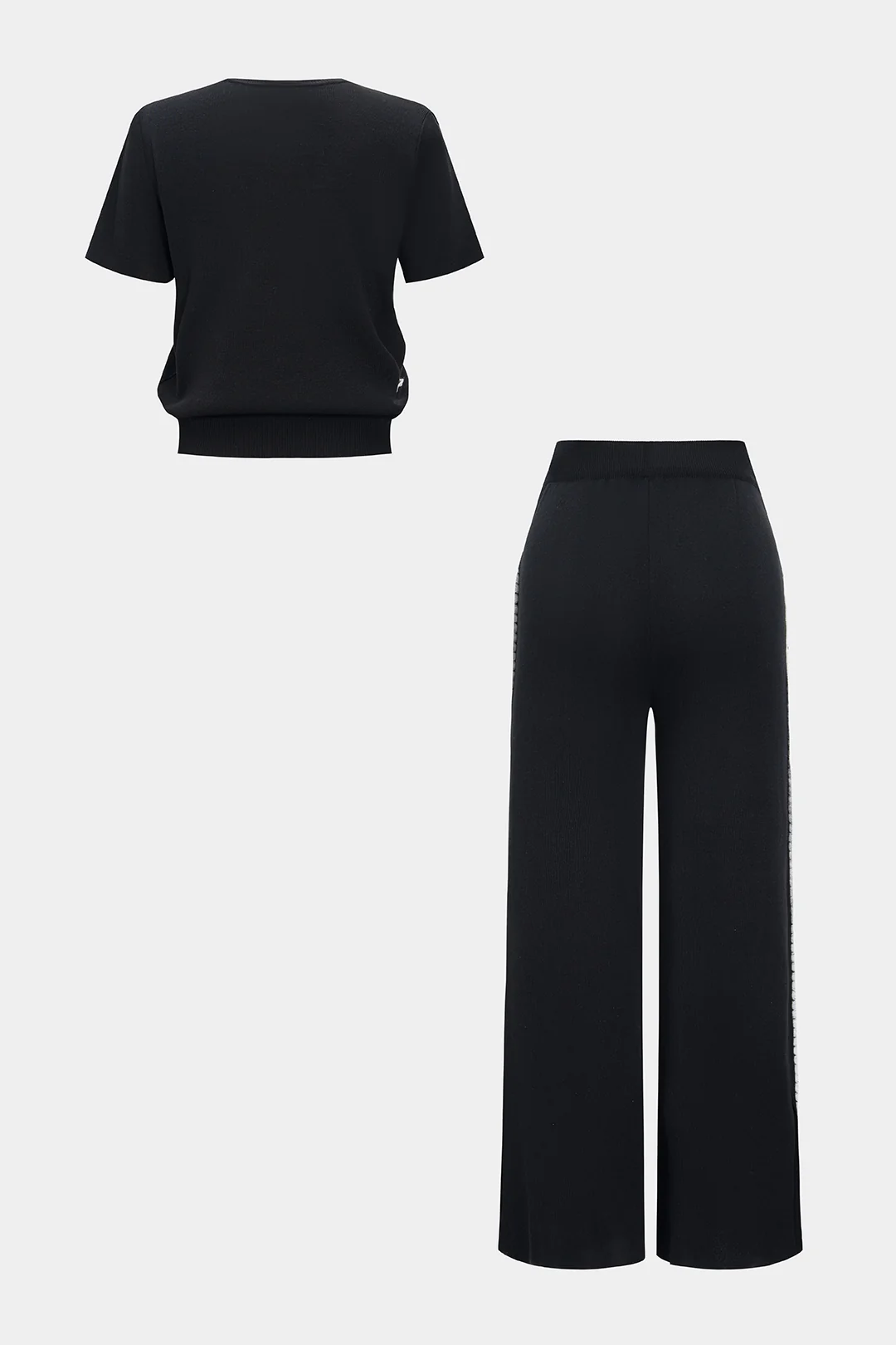 Knit Contrast Cut-Out Short Sleeve Top and Tie-Up Wide-Leg Trousers Set