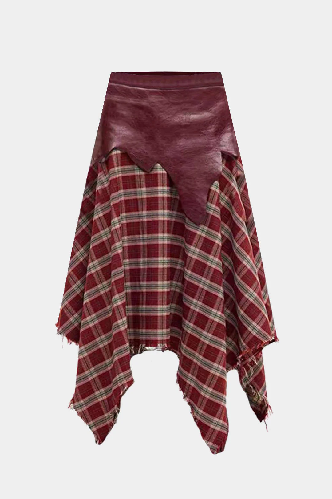 Plaid Print Faux Leather Patchwork Irrgular Hem Asymmetrical Skirt