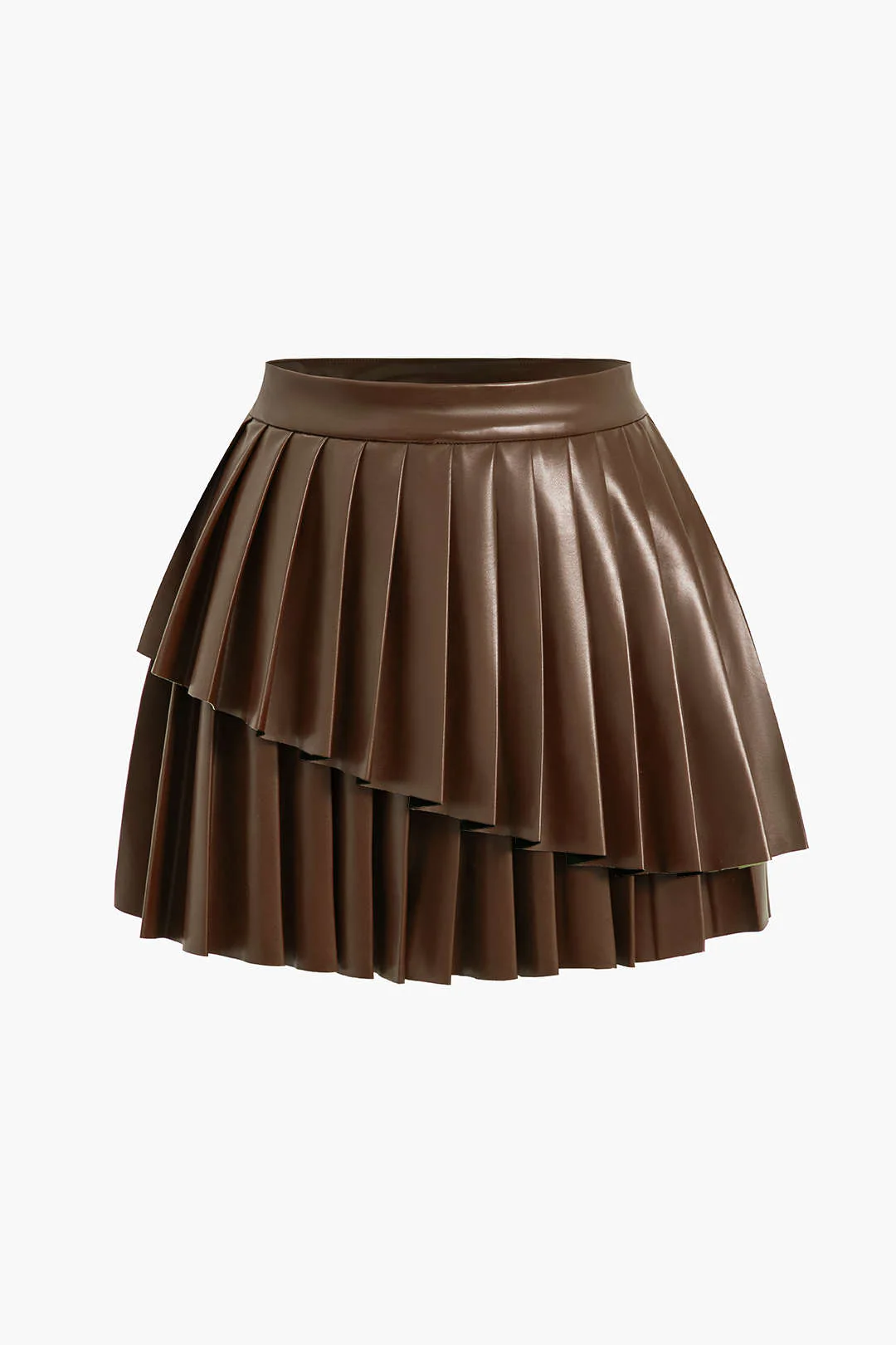 Solid Faux Leather Pleated Asymmetrical Skirt