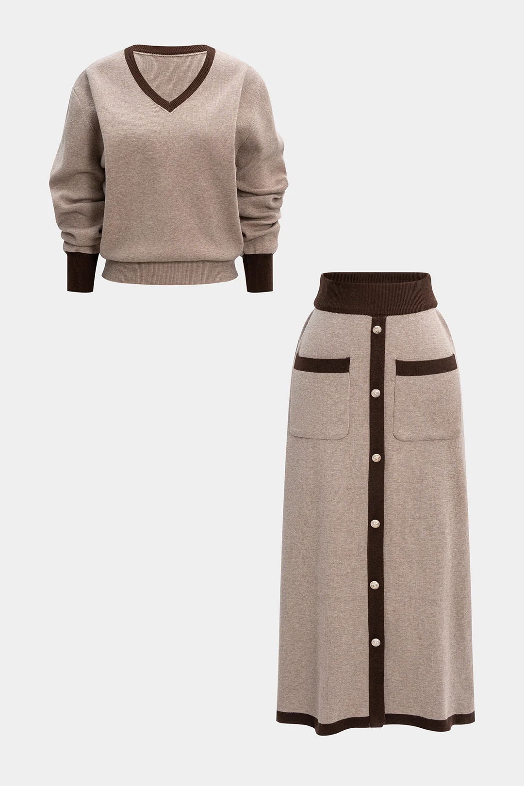 Knit Contrast V-Neck Long-Sleeve Top And Button Skirt Set