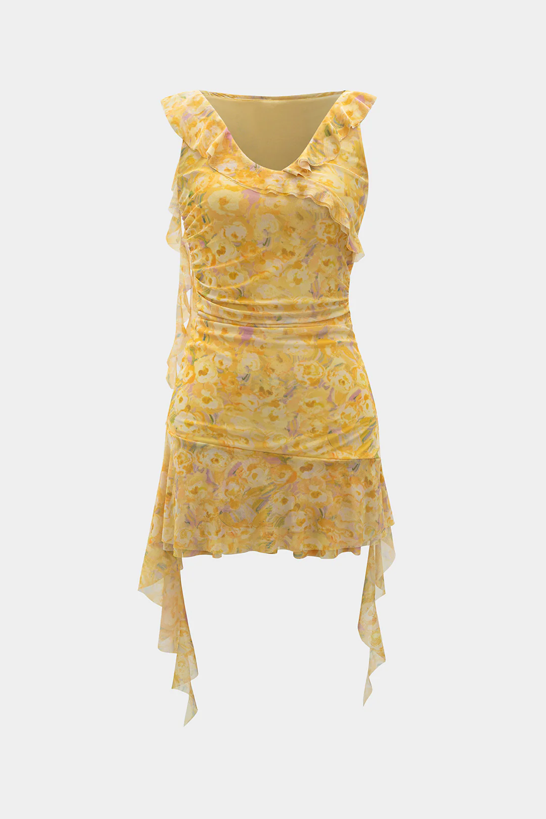 Floral Mesh Ruffled Ruched V-Neck Sleeveless Mini Dress