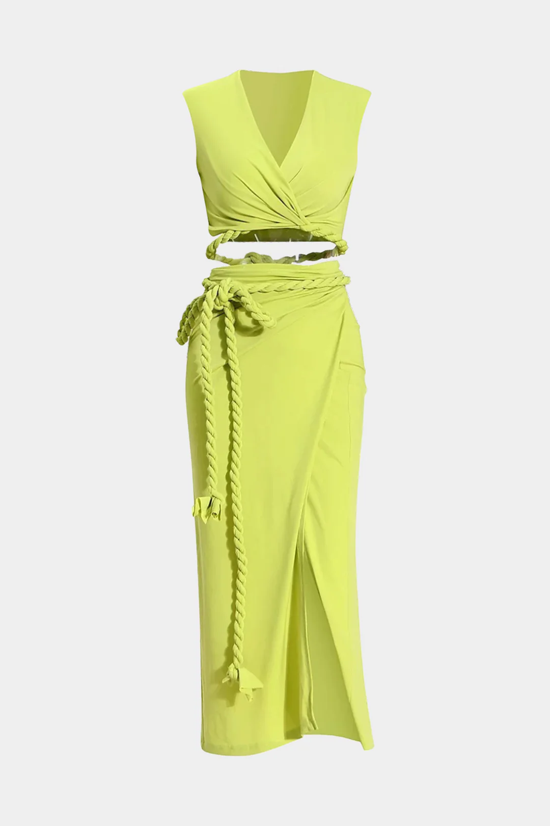 Ruched Crossed Long Sleeve Top and Tie Front Slit Skirt Outfit Set