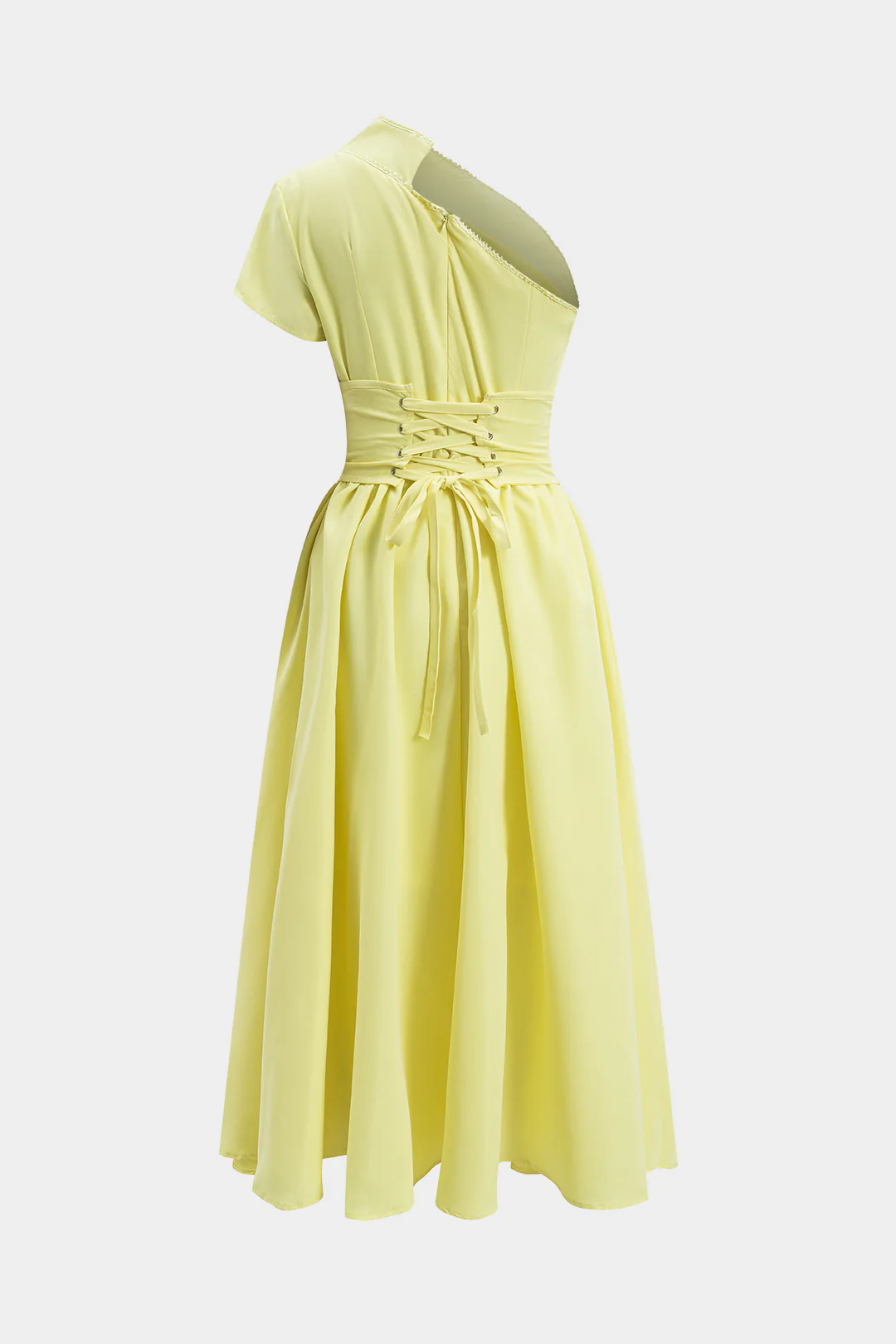 One-Shoulder Short-Sleeve Tie-Up Mid-Length Dress