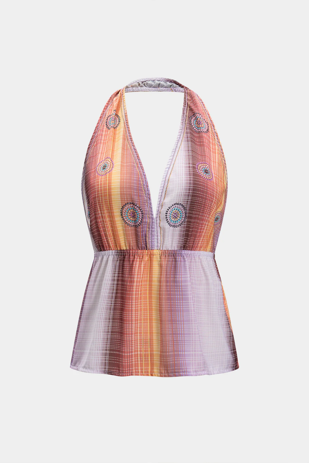 Stripe Print V-Neck Halter Neck Backless Tie-Up Tank Top