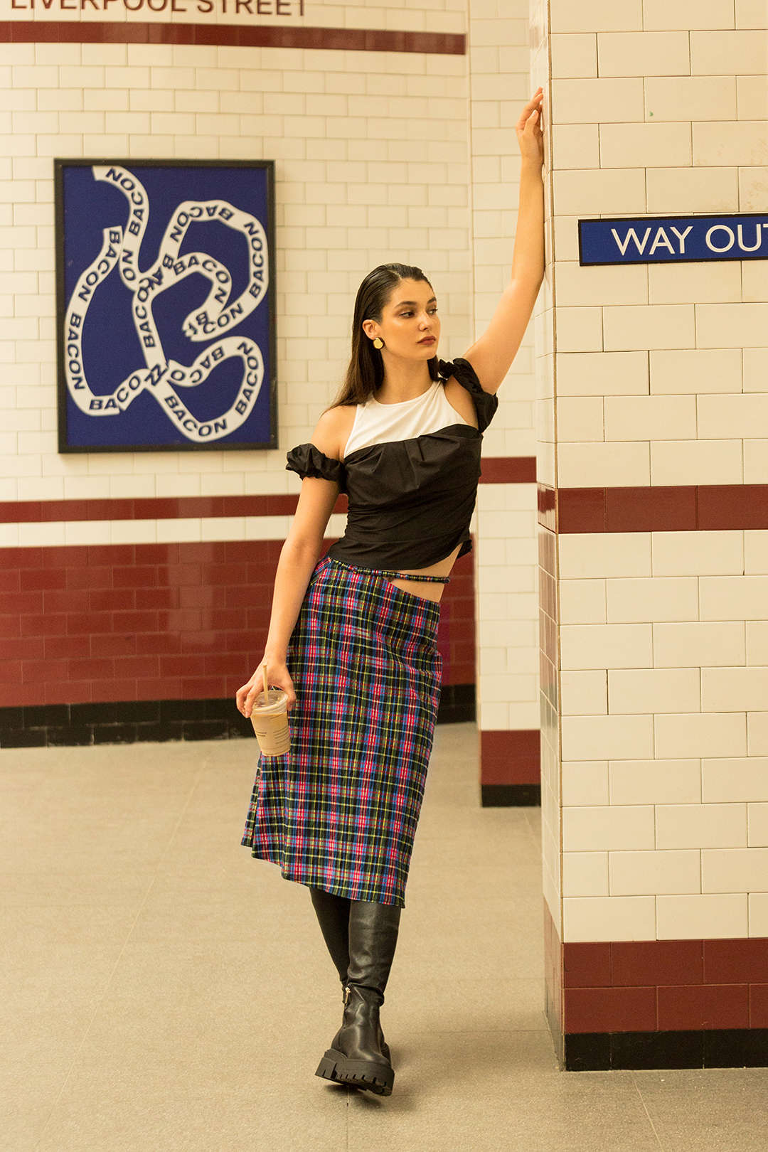 Plaid Cut-Out Waist Mid-Length Skirt
