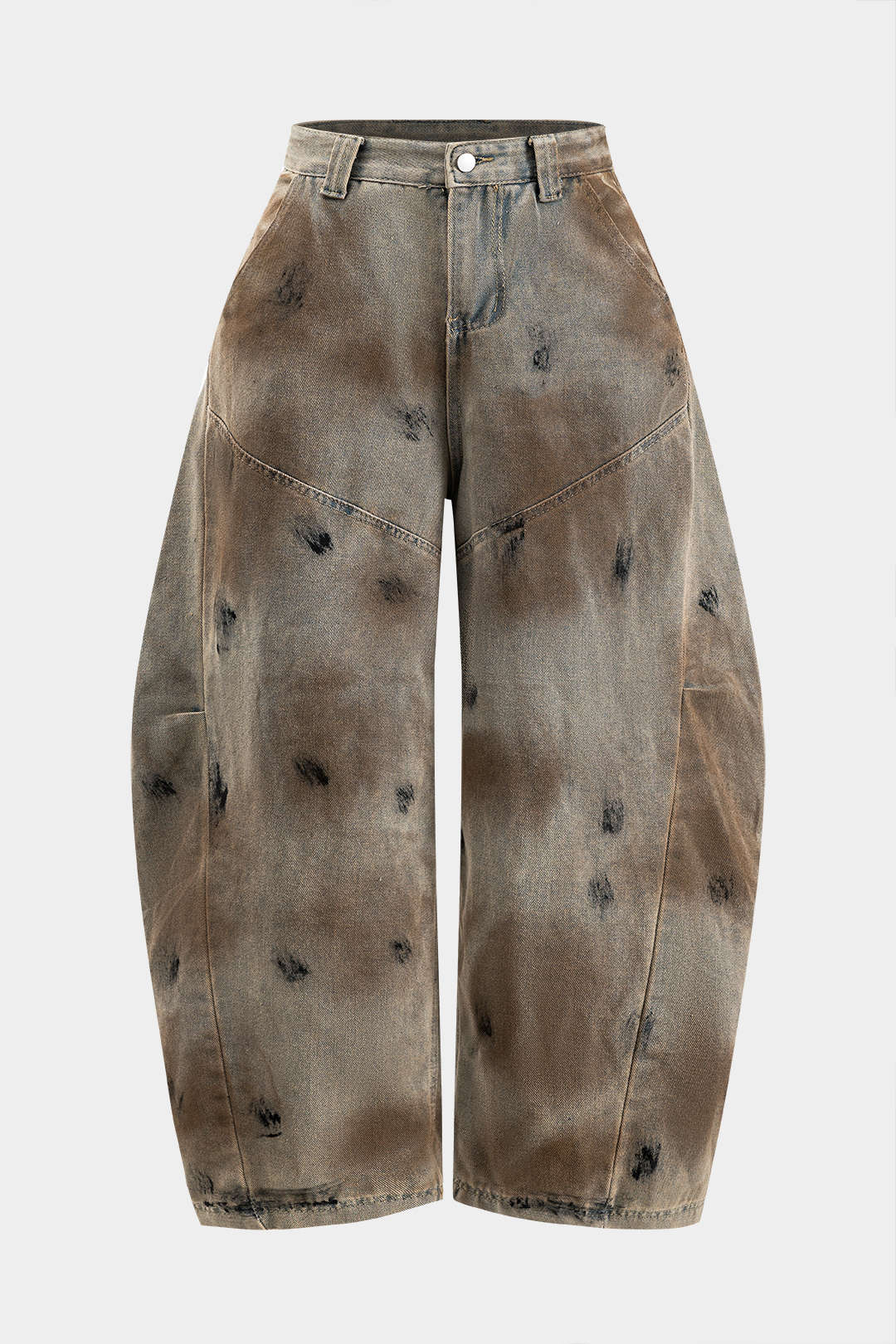 Plus Size Tie Dye Print Denim Ruched Button Pocket Wide Leg Jeans