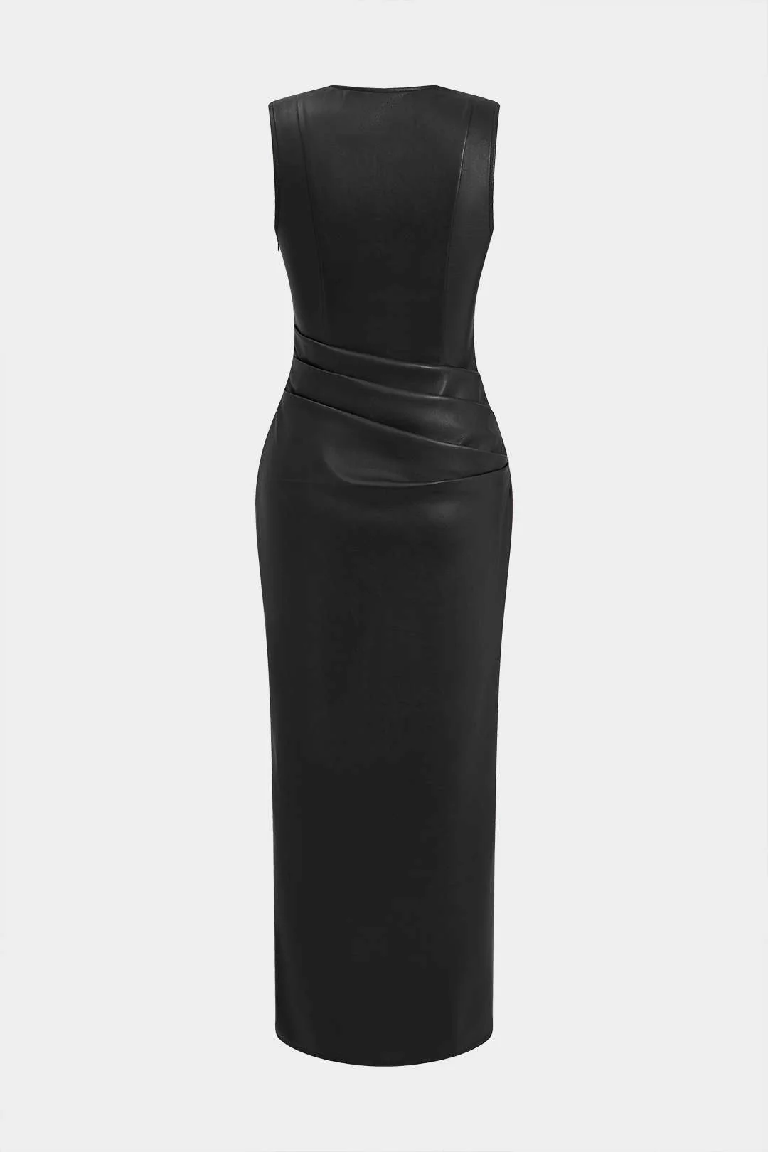 Faux Leather V-neck Ruched Long Dress