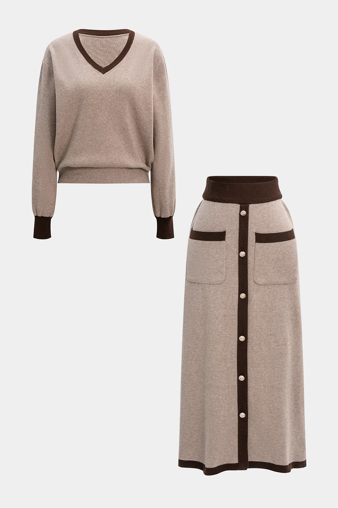 Knit Contrast V-Neck Long-Sleeve Top And Button Skirt Set