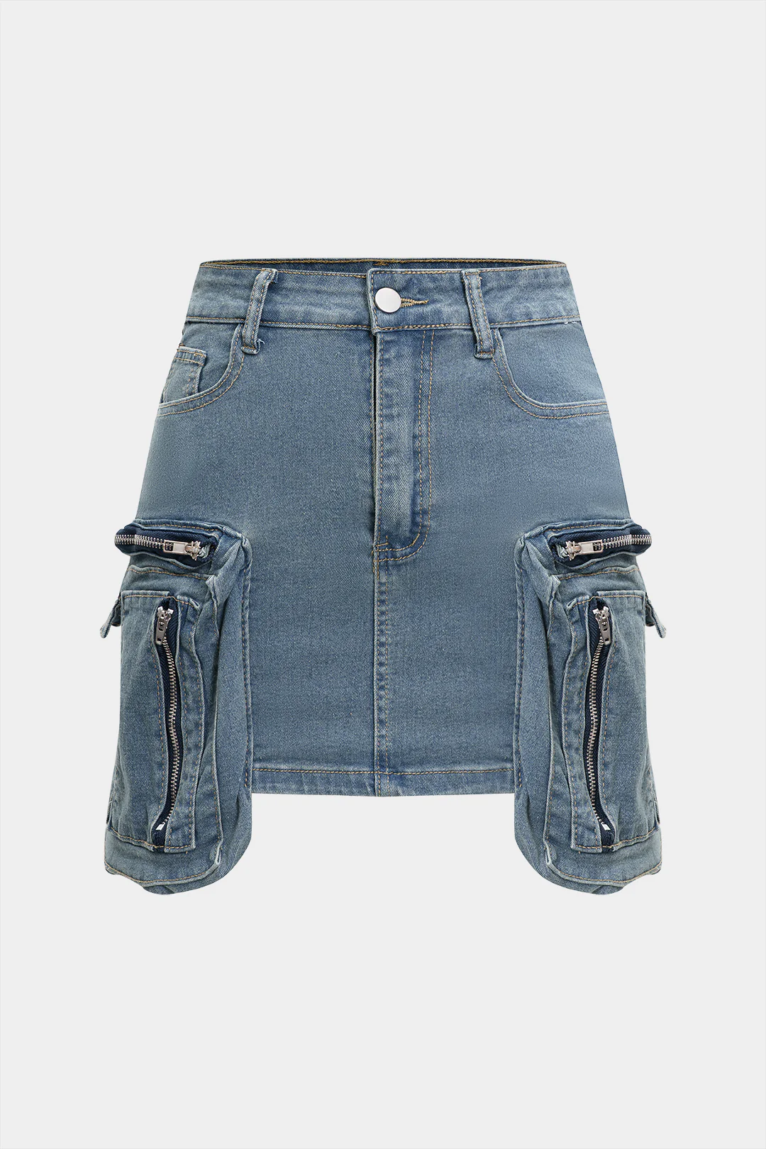 Washed Denim Zipper Crop Top and Pocket Skirt Set