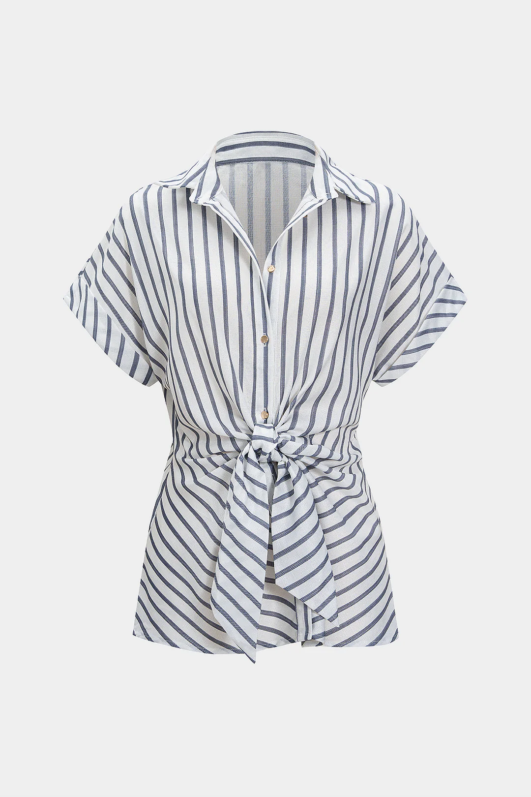 Linen Stripes Print Tie-Up Short-Sleeve Shirt