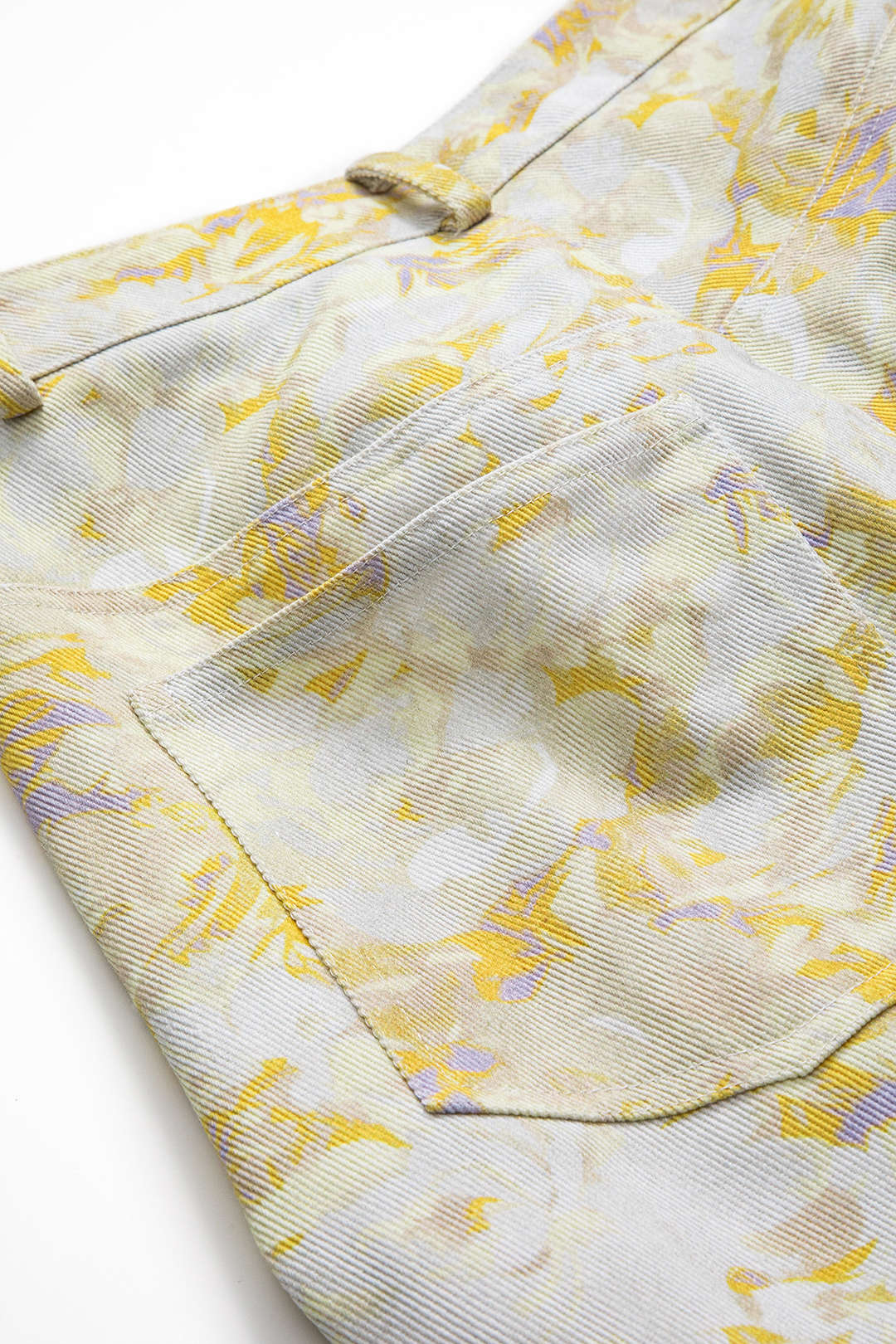 Abstract Printed Denim Button-Pocket Wide-Leg Trousers