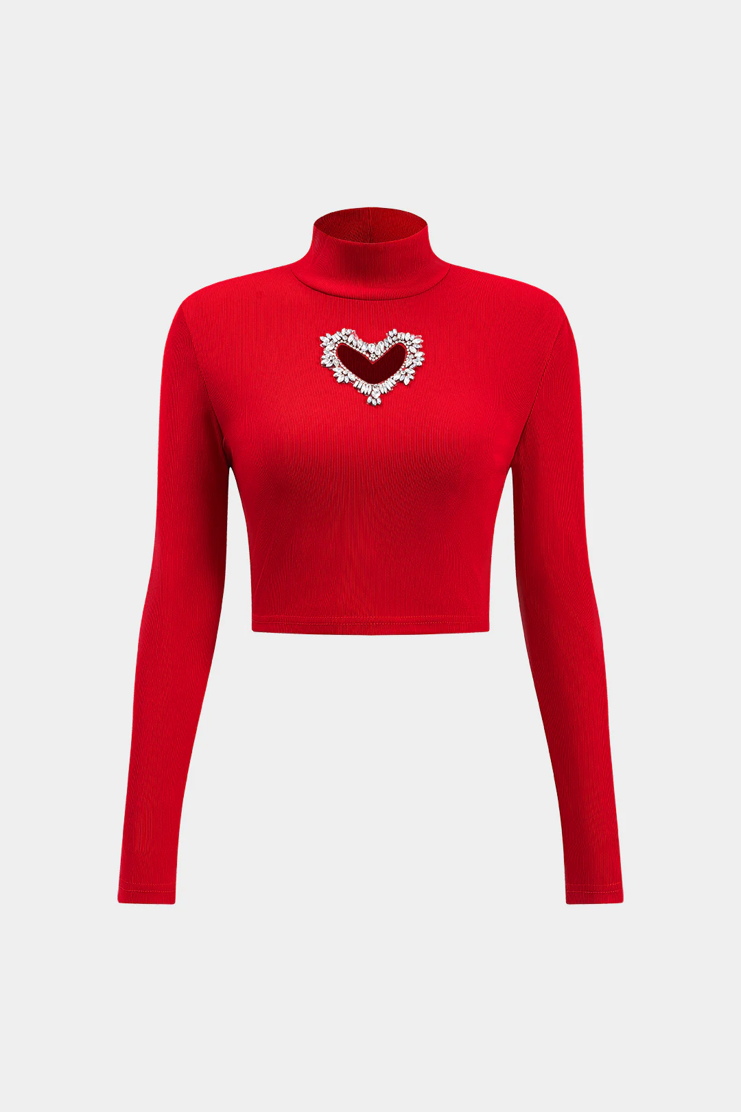 Heart Shape Rhinestone Mock Neck Long Sleeve Top And Skirt Set