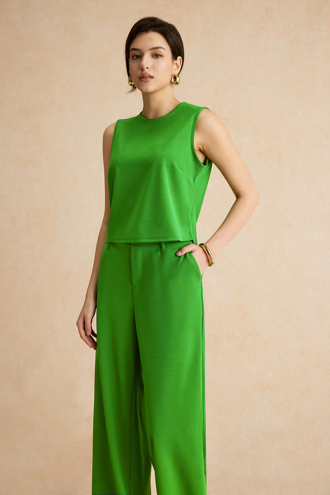 Basic Solid Sleeveless Top And Straight Leg Pants Set