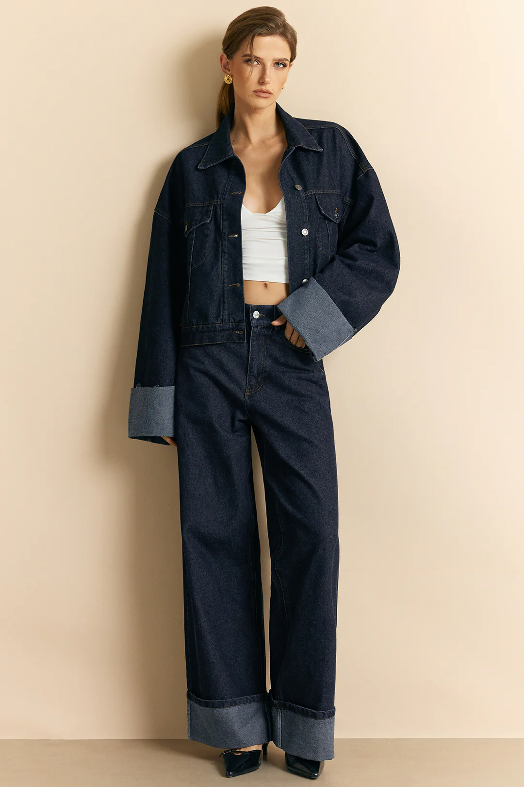 Denim Button Pocket Cuffed Long-Sleeve Top