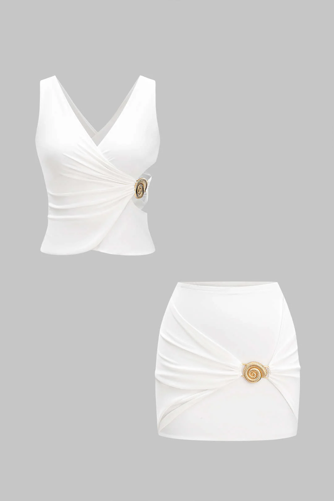 Metallic Decor Asymmetrical Ruched Cut Out Tank Top And Skirt Set