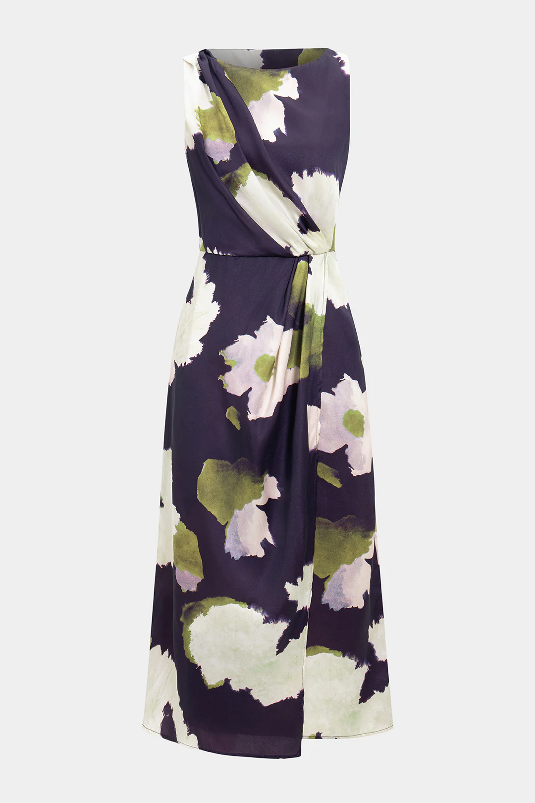 Abstract Print Satin Ruched Sleeveless Maxi Dress