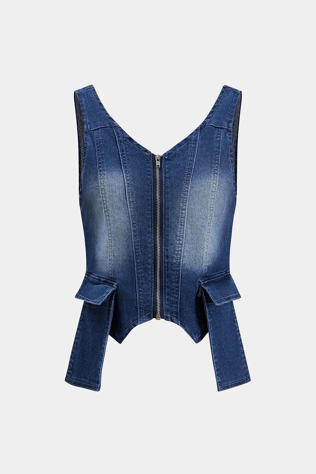 Denim Ruched Flap Pocket Zipper Top And Button Wide Leg Jeans Set