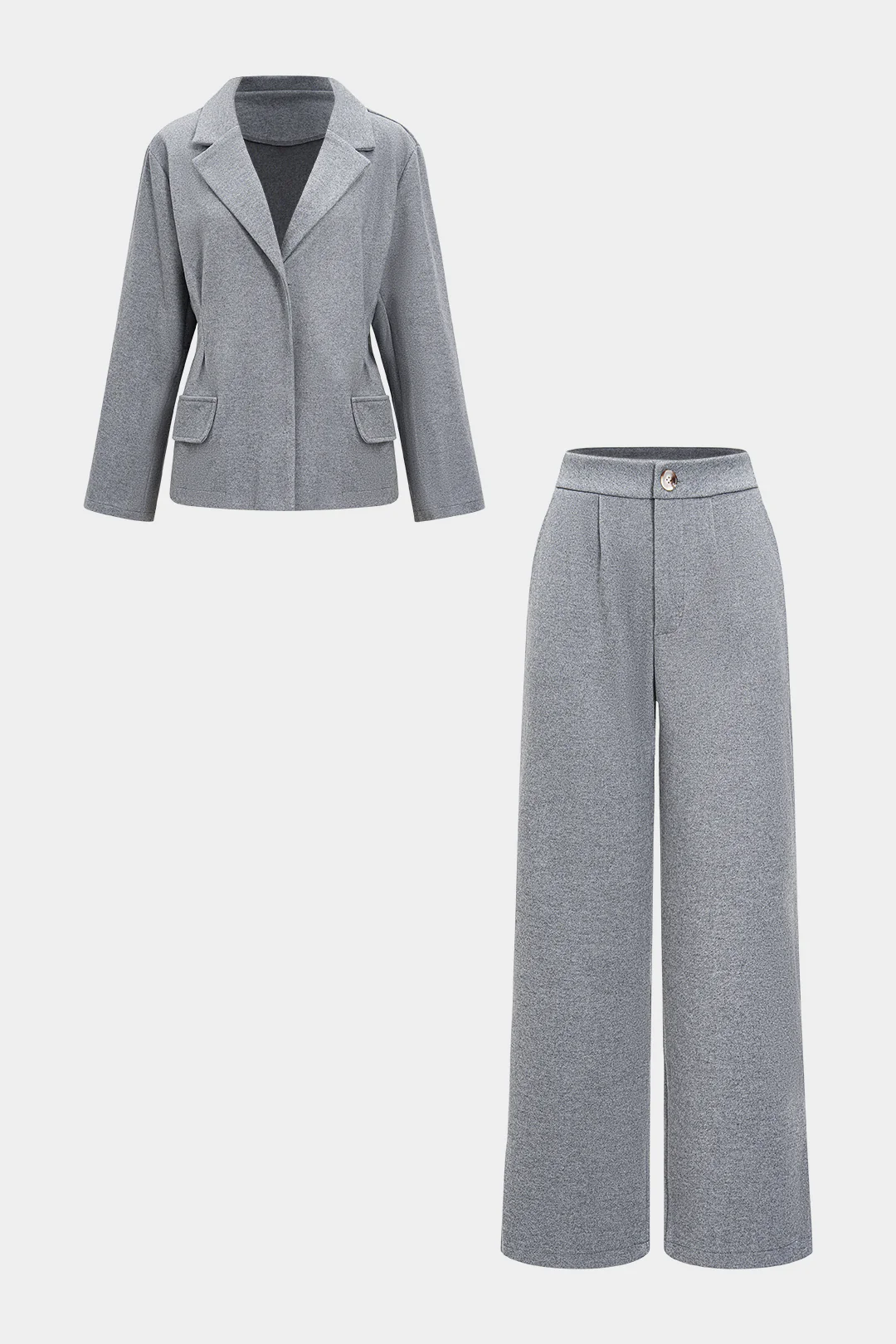 Solid V-Neck Long-Sleeve Top And Button Trousers Set