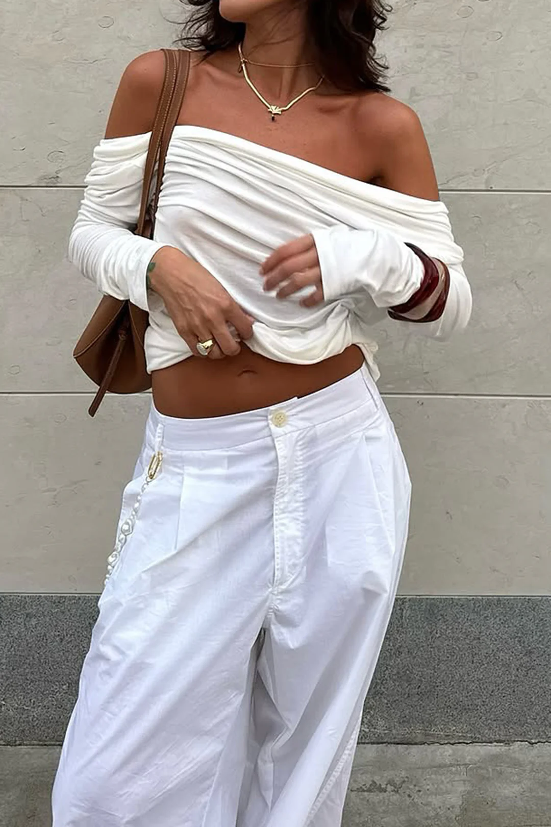 Off Shoulder Ruched Draped Cowl Neck Backless Long-Sleeve Top