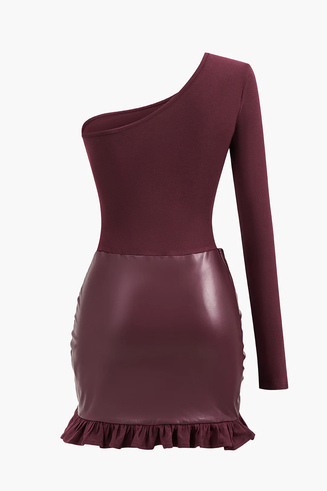 Faux Leather Patchwork Asymmetric Long Sleeve Mini Dress