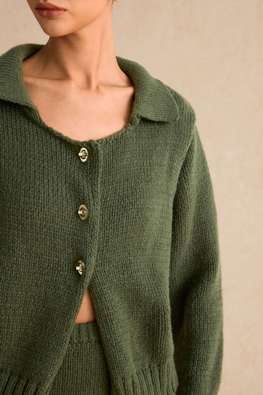 Metallic-Buttoned Long-Sleeve Knitted Top