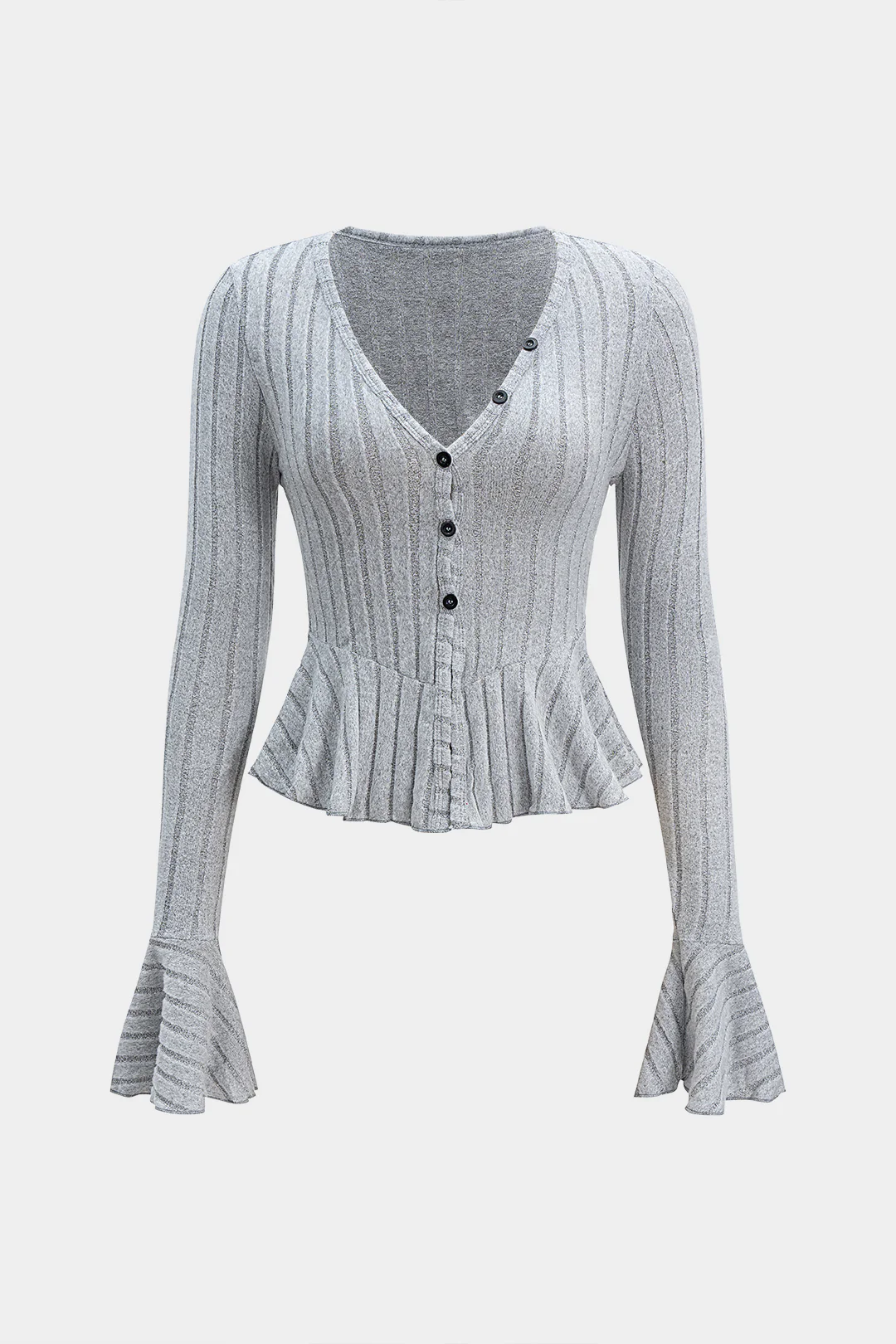V-Neck Button Detail Ruffle Long-Sleeve Top