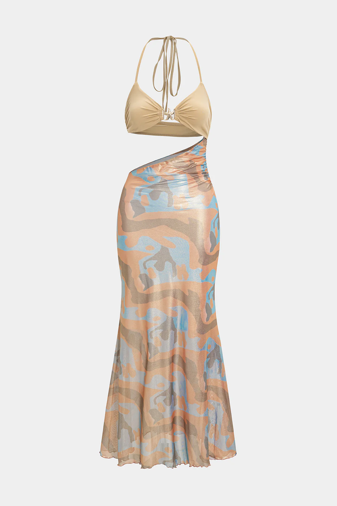 Abstract Pattern Satin Tie-up Halter Neck Cut-out Sleeveless Maxi Dress