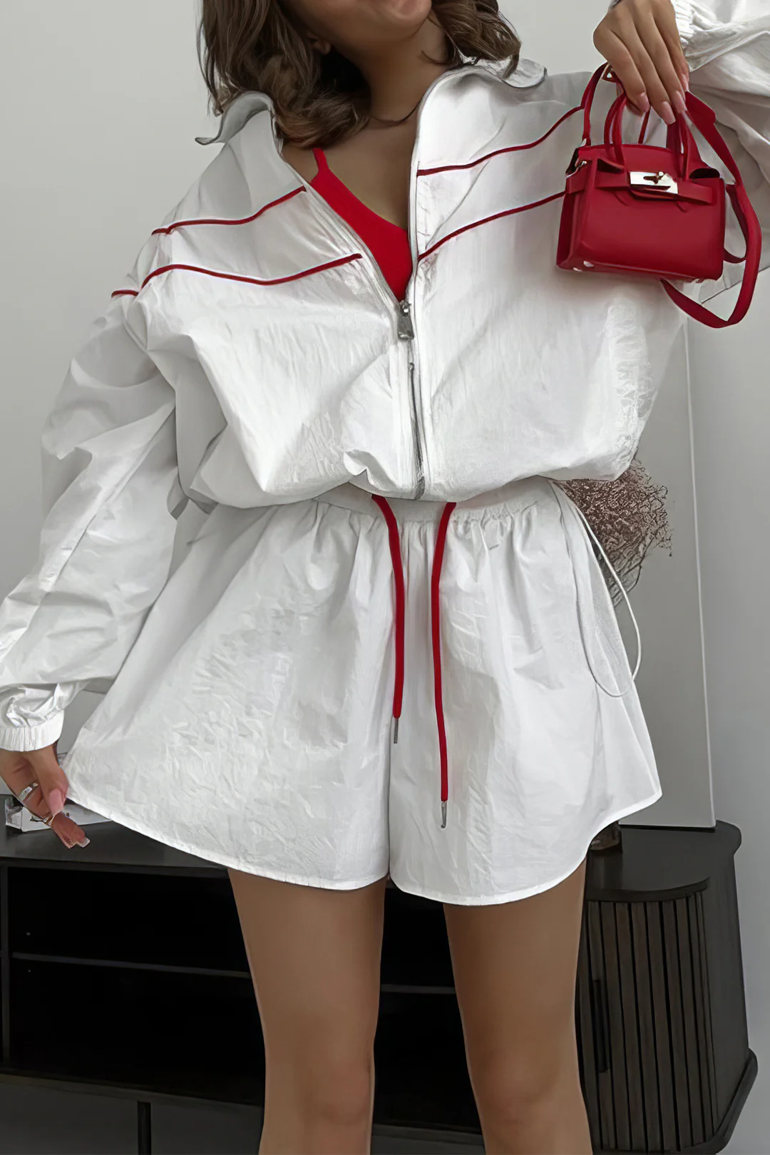 Contrast Binding Zipper Long-Sleeve Top And Tie-Up Wide Leg Shorts Set