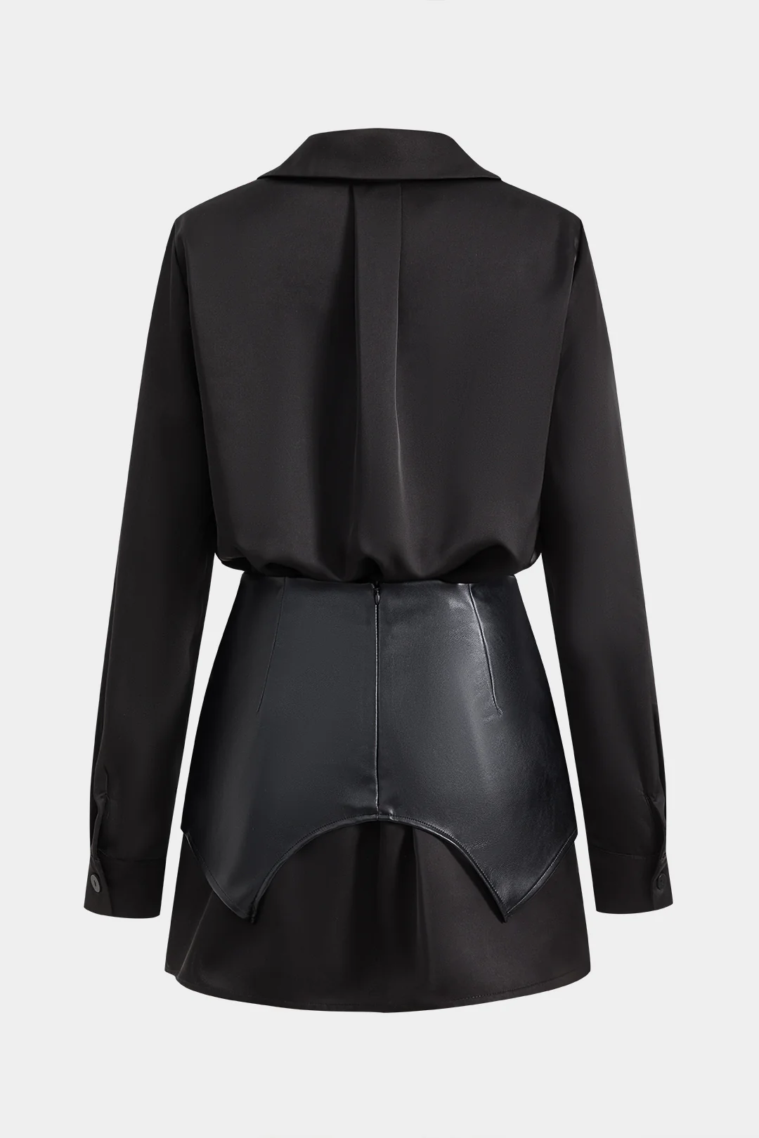 Satin Faux Leather Long Sleeve Mini Dress with Pocket and Button Zipper