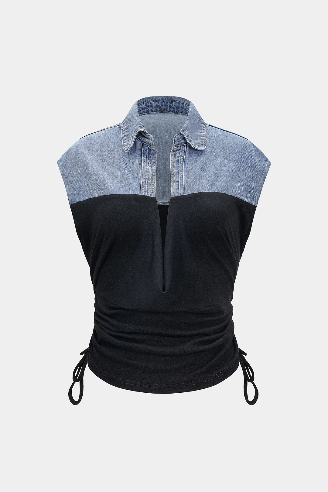 Denim Drawstring Patchwork Cropped Top