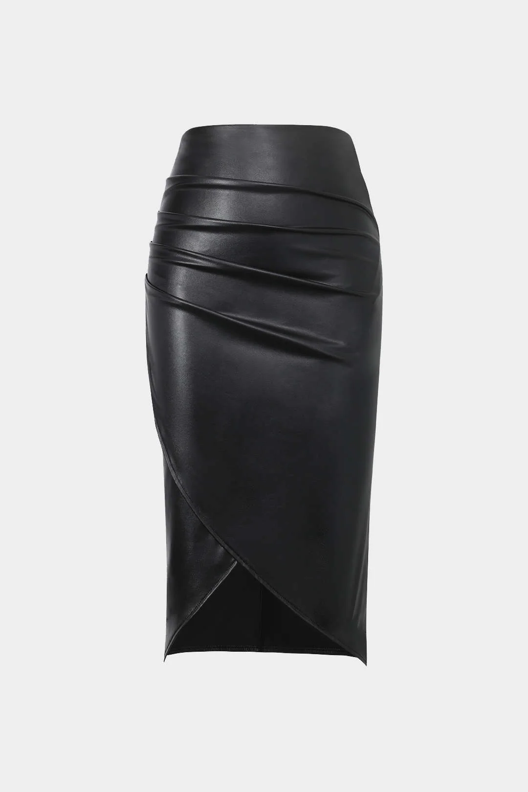 Faux Leather Wrap Ruched Mid-length Skirt