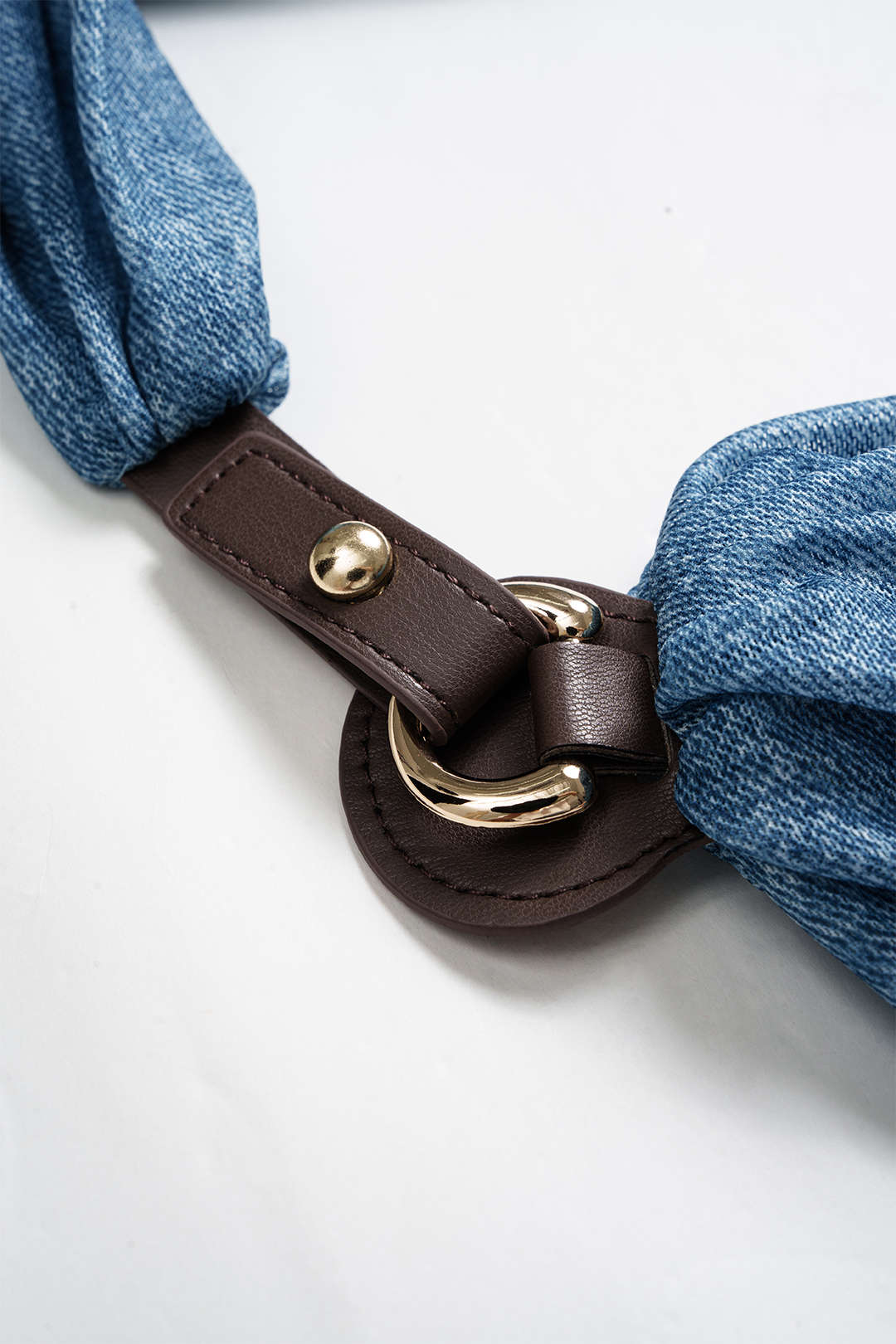 Denim Print Asymmetrical Draped Cowl Halter Neck Sleeveless Bodysuit