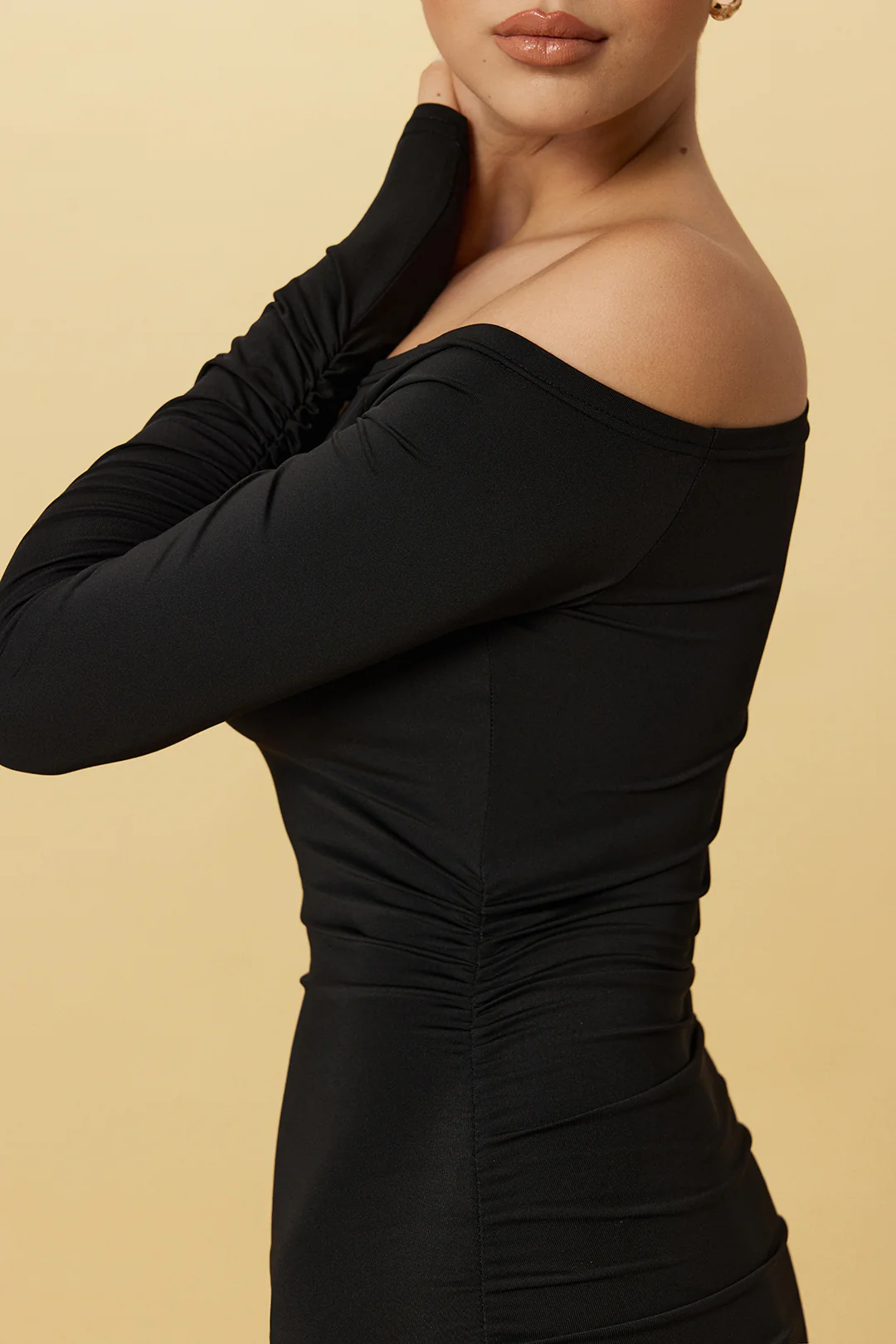 Asymmetrical Neck Ruched Long-Sleeve Maxi Dress