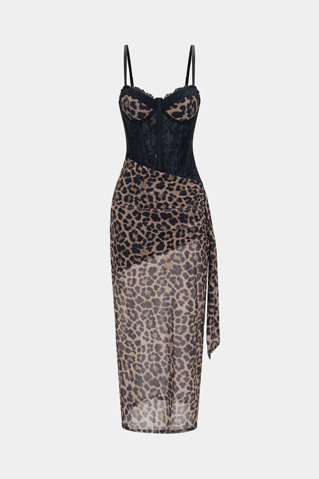 Leopard Print Bustier Lace Slip Sleeveless Maxi Dress