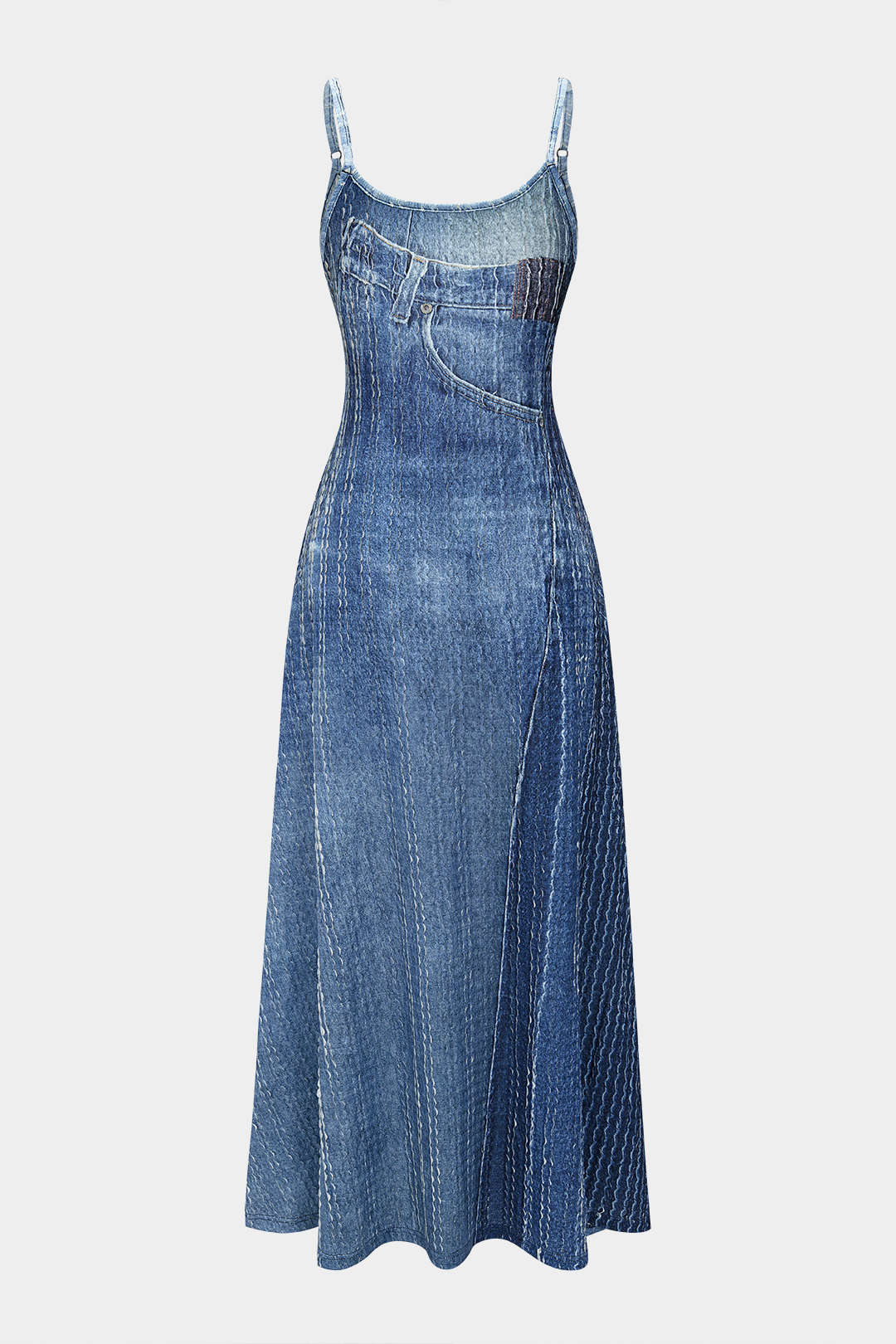 Denim Pattern Slip Sleeveless Floor-Length Dress