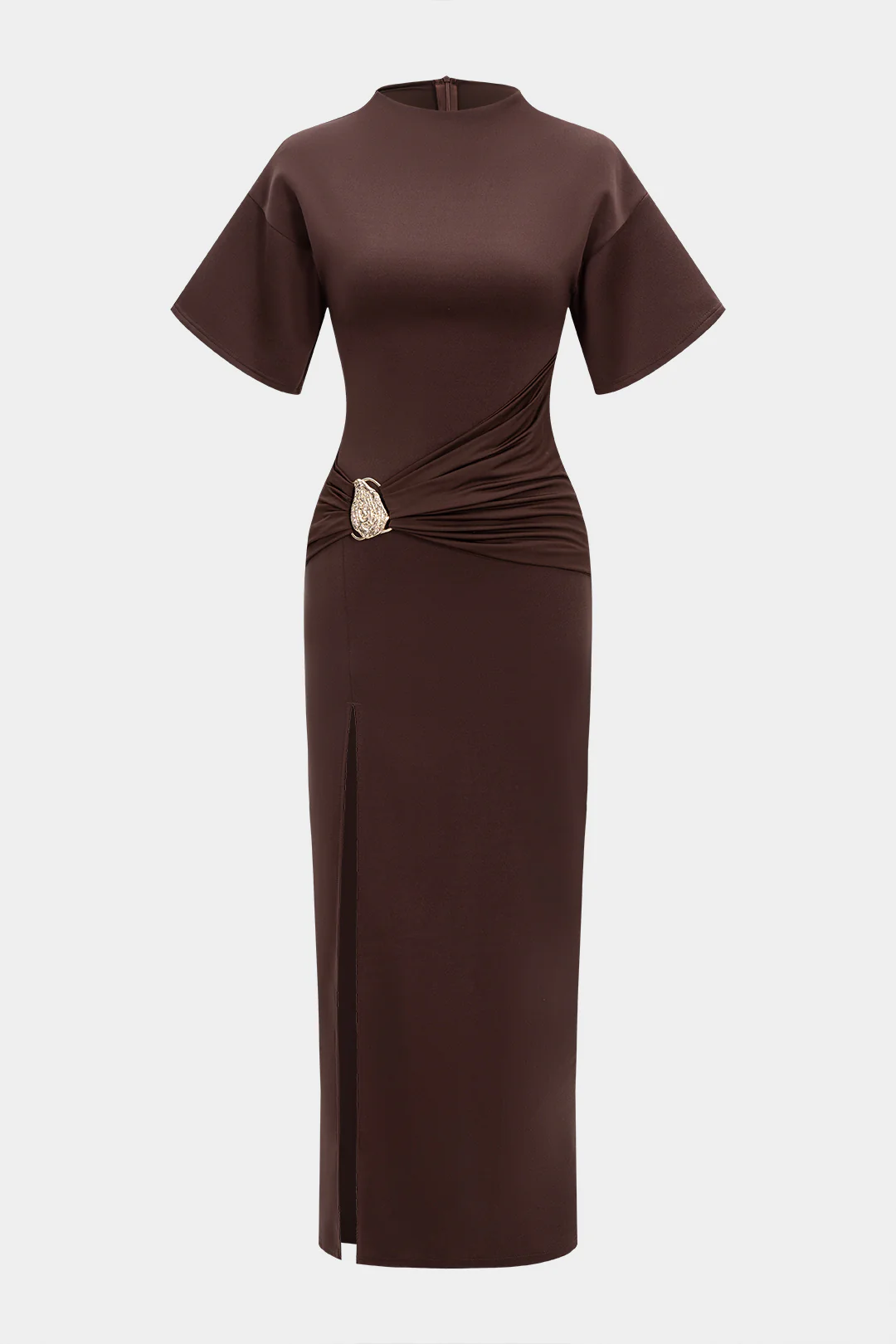 Metallic Decor Round Neck Ruched Short Sleeve Maxi Dress