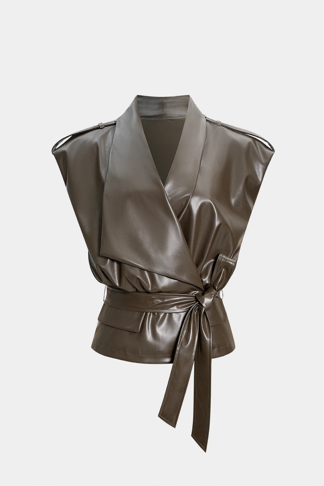 Faux Leather Notched Lapel Short Sleeve Top