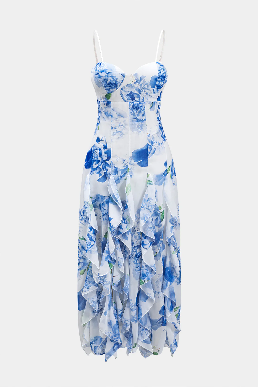 Floral Print Chiffon Ruffled Backless Sleeveless Midi Dress