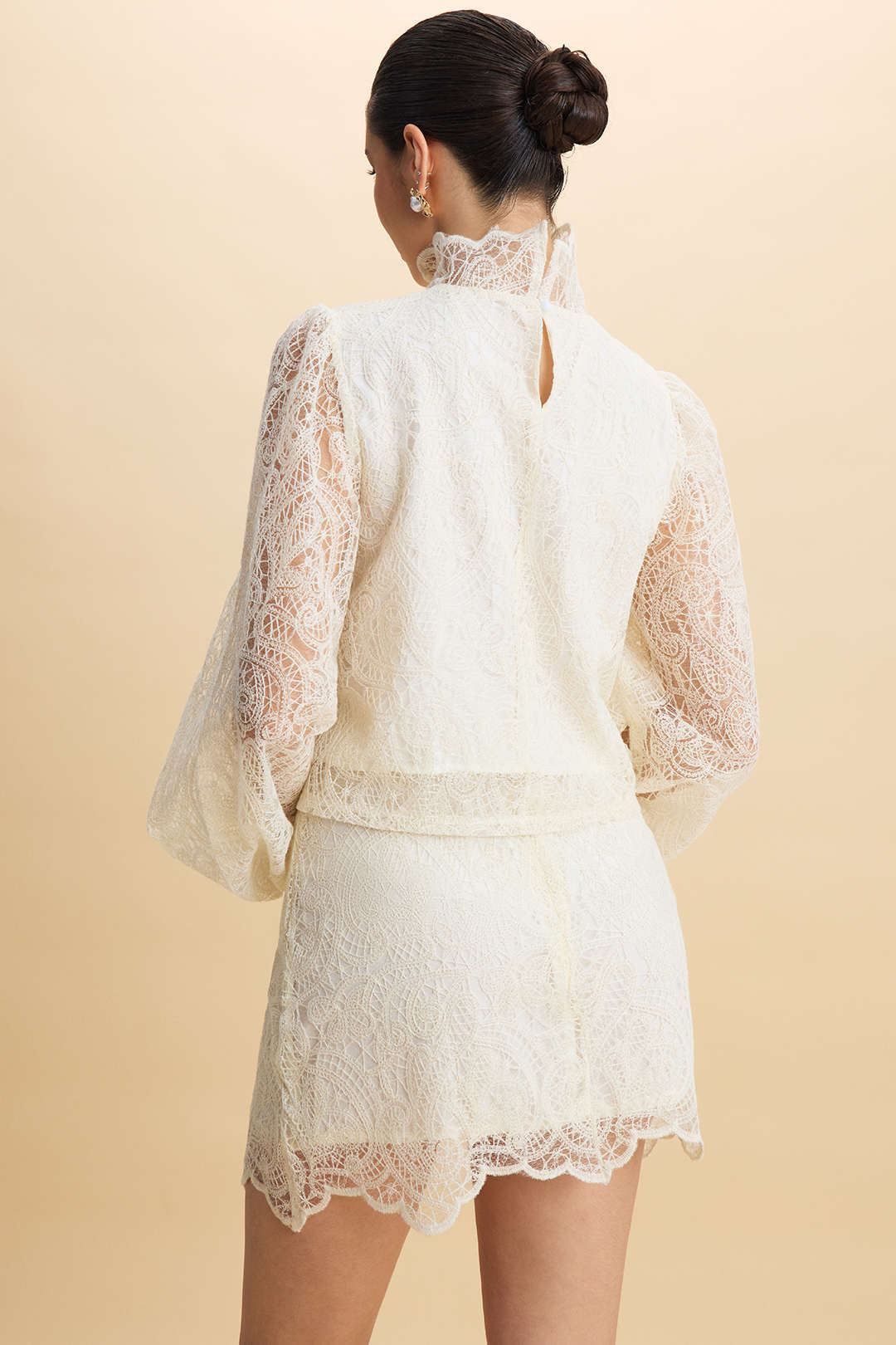 Lace Patchwork High Collar Lantern Puff Sleeve And Skirt Set