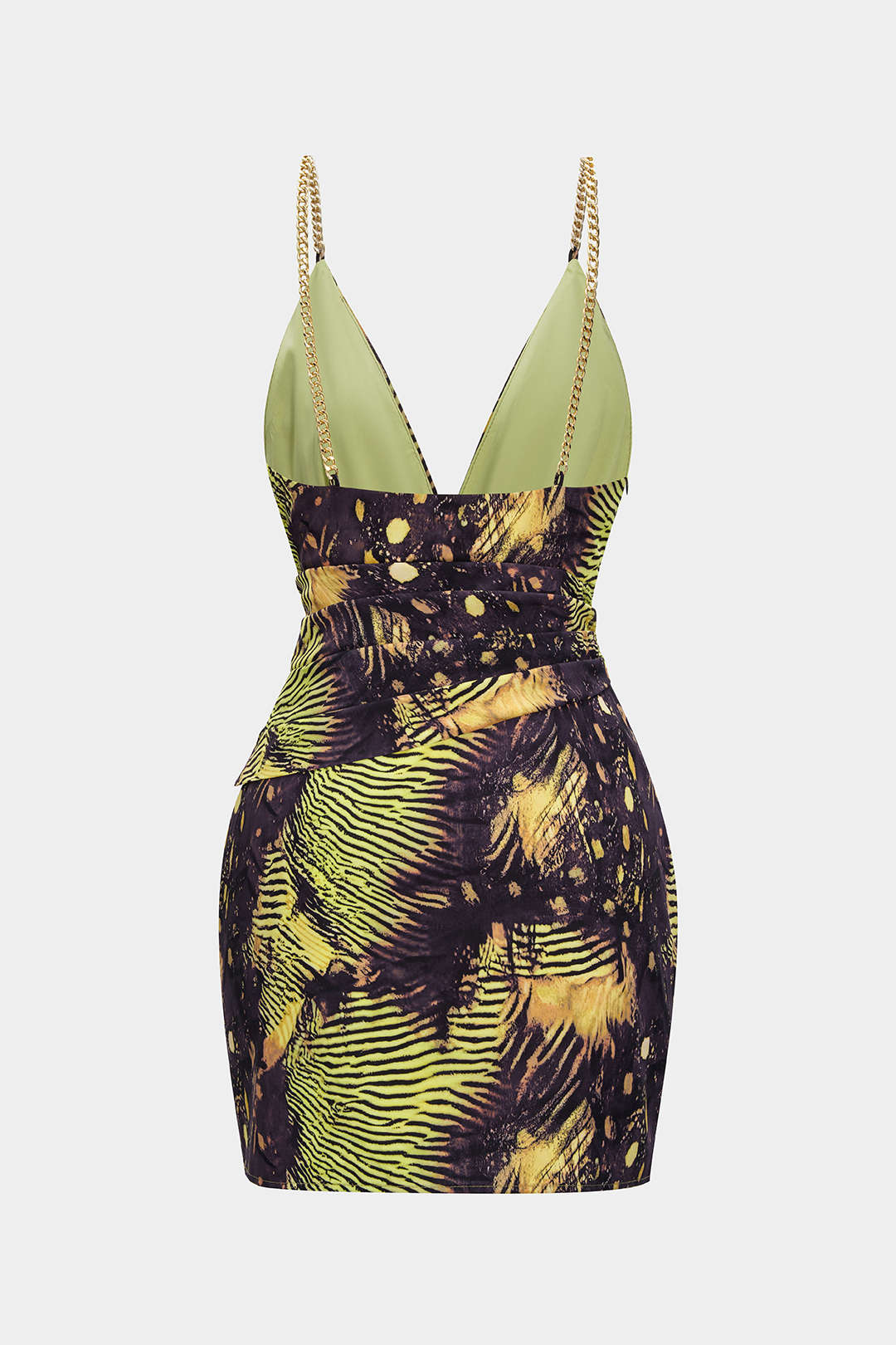 Tropical Print Metallic Chain Asymmetrical Sleeveless Mini Dress