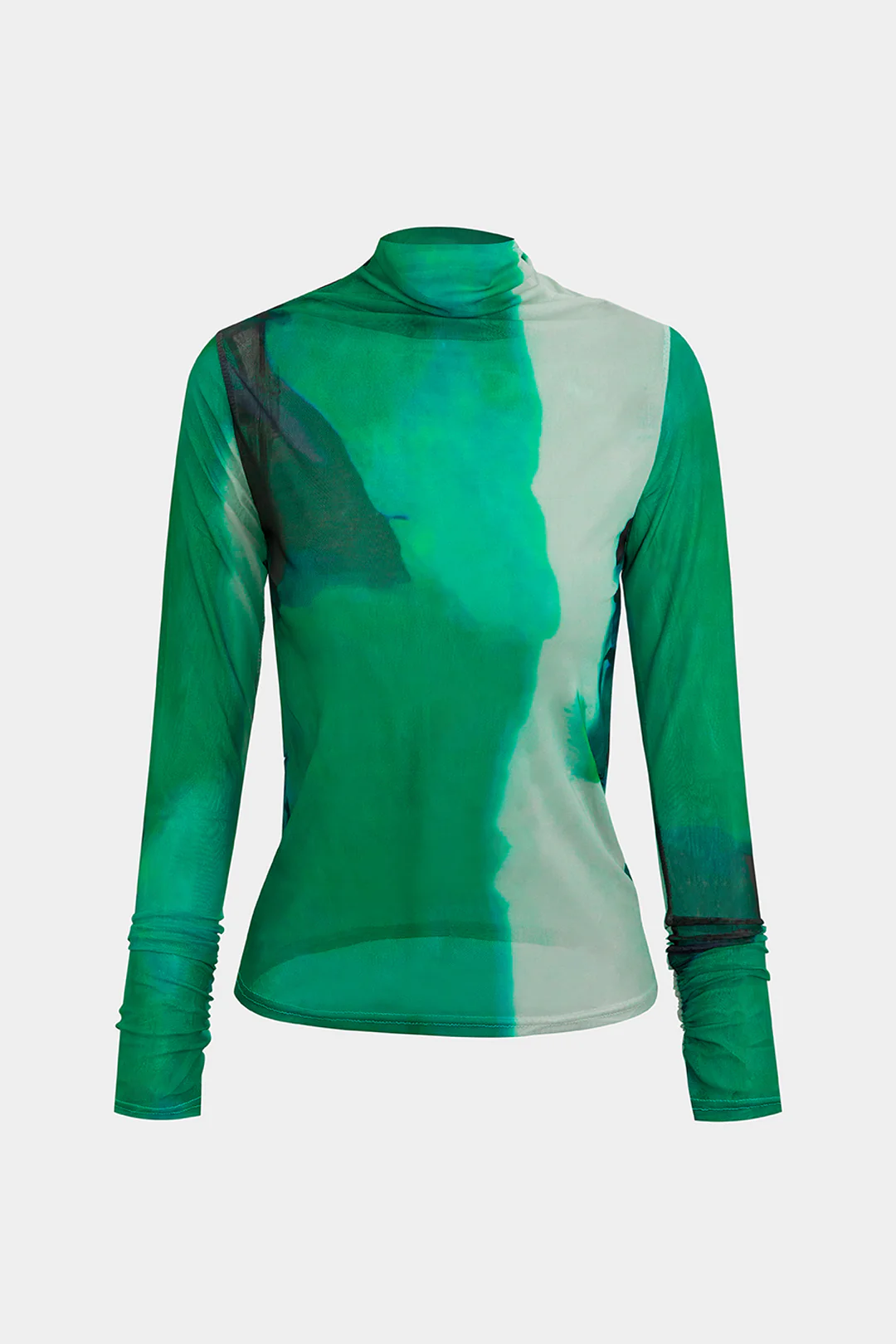Abstract Ombre Print Mesh Ruched Long-Sleeve Top